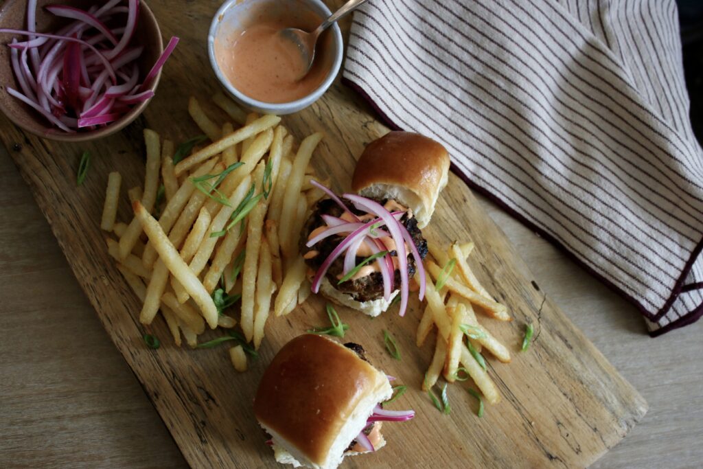 hamburger sliders and French fries