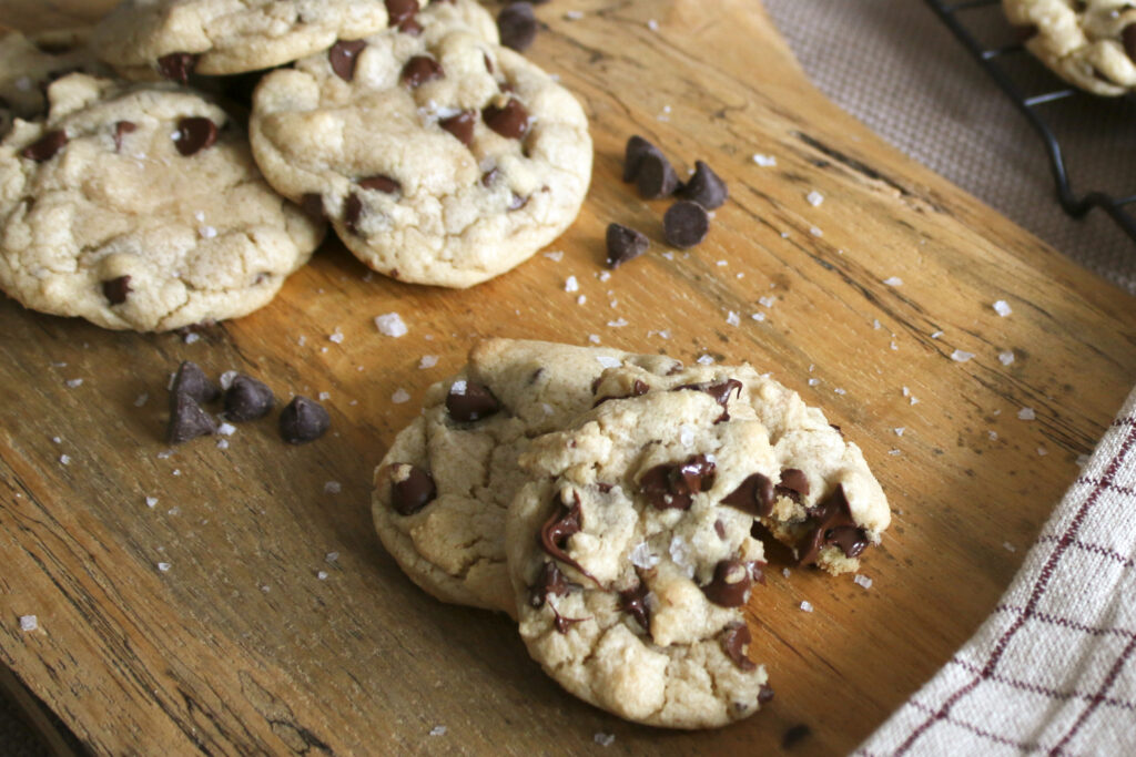 chocolate chip cookies on serving board