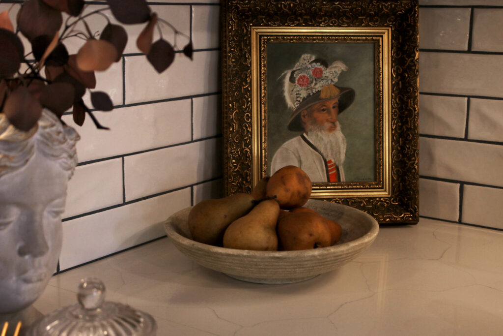 pears in a bowl on kitchen counter